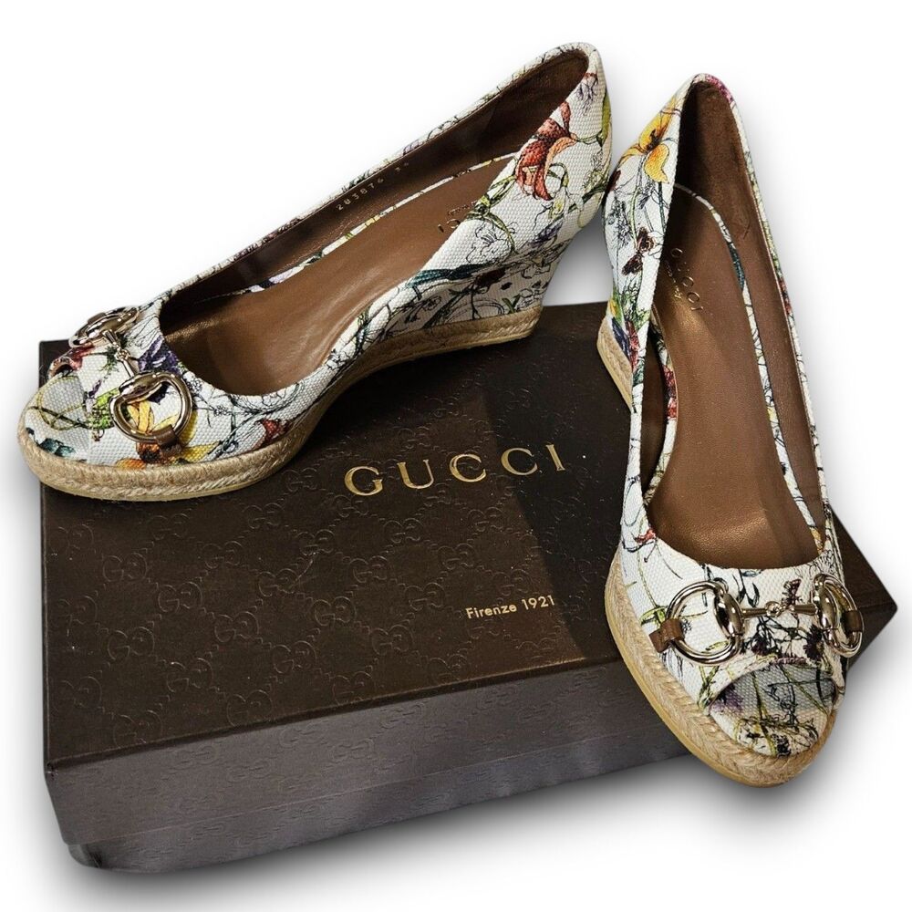 Gucci Flora Horsebit Canvas Espadrille Peep Toe Wedges Size EU 36 / US 5.5 - Picture 2 of 14